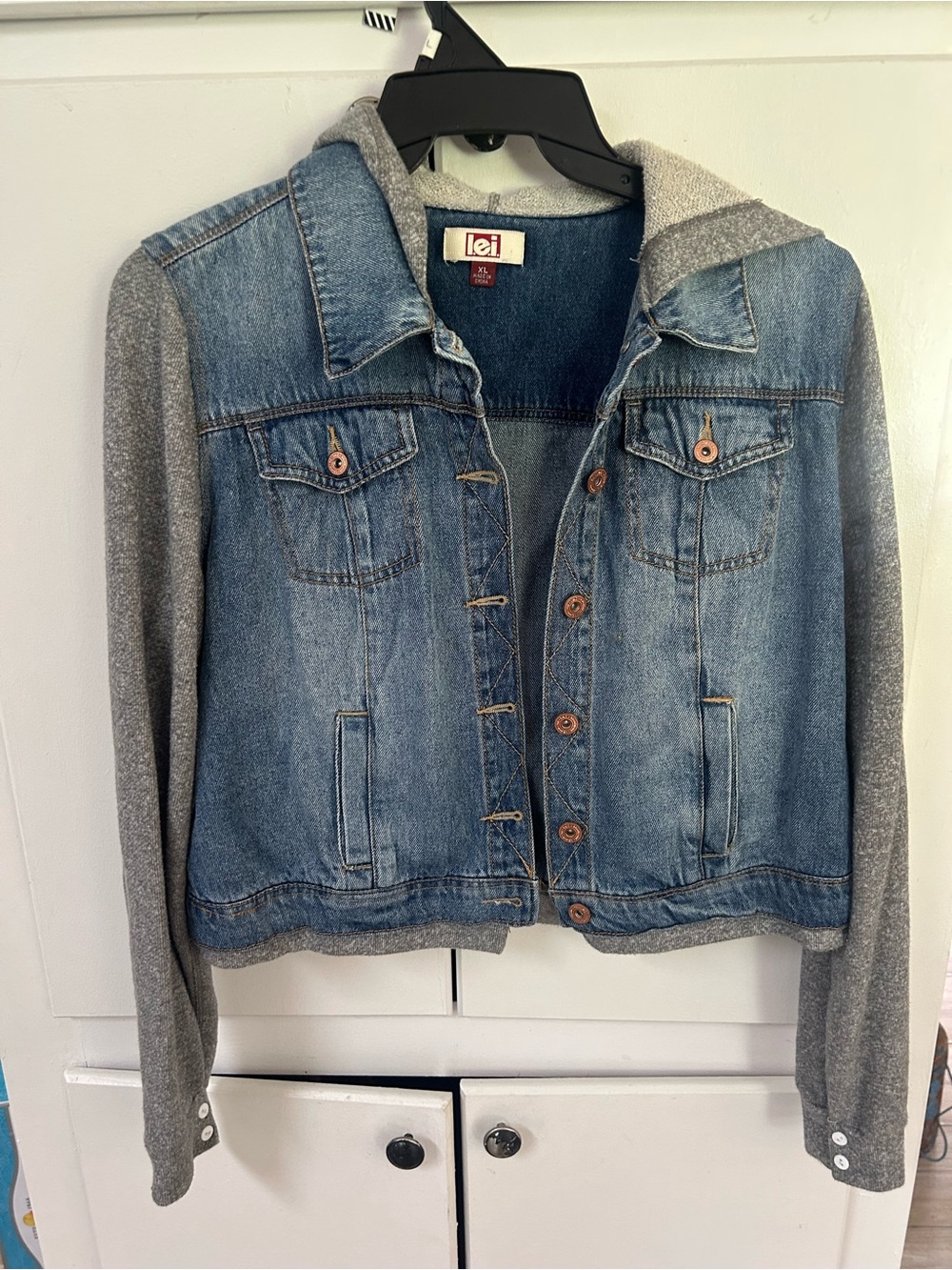 lei Denim Jacket with Gray Knit Hood & Sleeves
